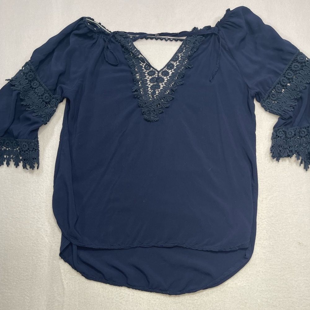 Italian Viscose Boho Blouse Navy Lace Crochet Peasant Top Flowy